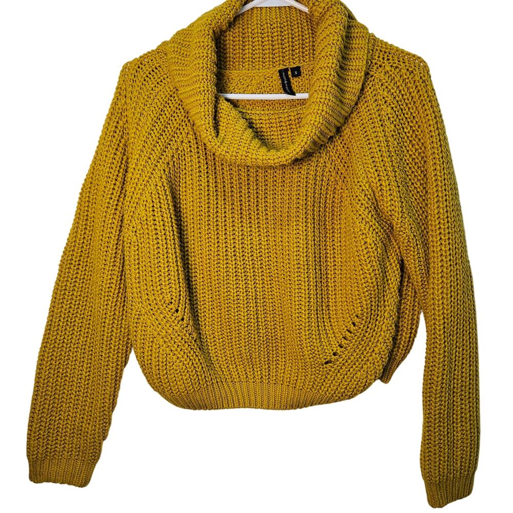Moon and Madison Mustard Cowl Neck Cropped Open Knit Sweater Small Oversized